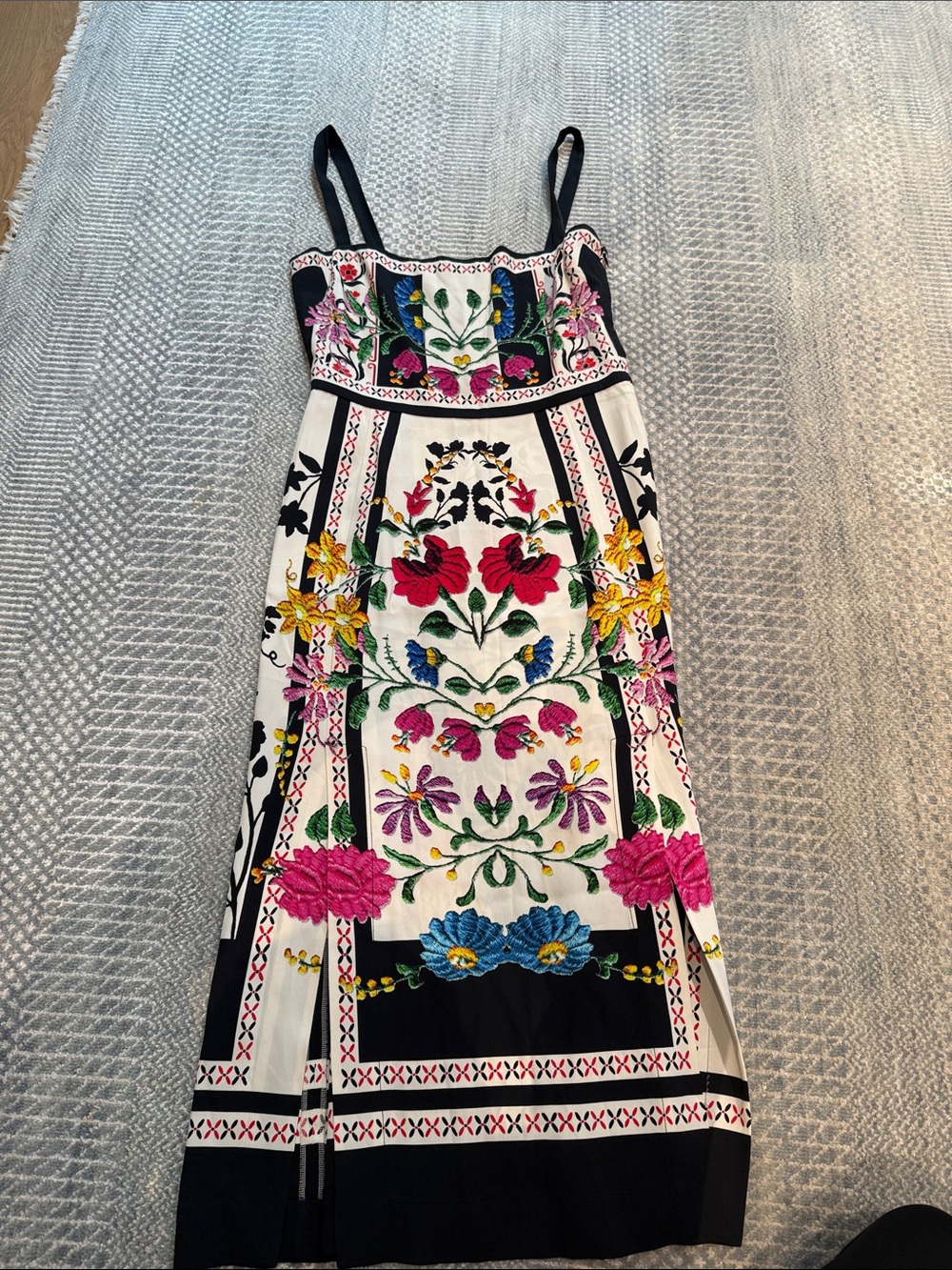 LA DoubleJ White Maxi Dress with Multicolor Floral Embroidery